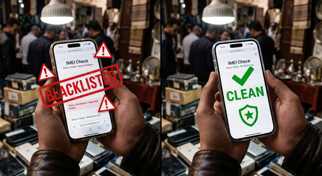 Comparison showing blacklisted vs clean iPhone IMEI check results when buying used devices