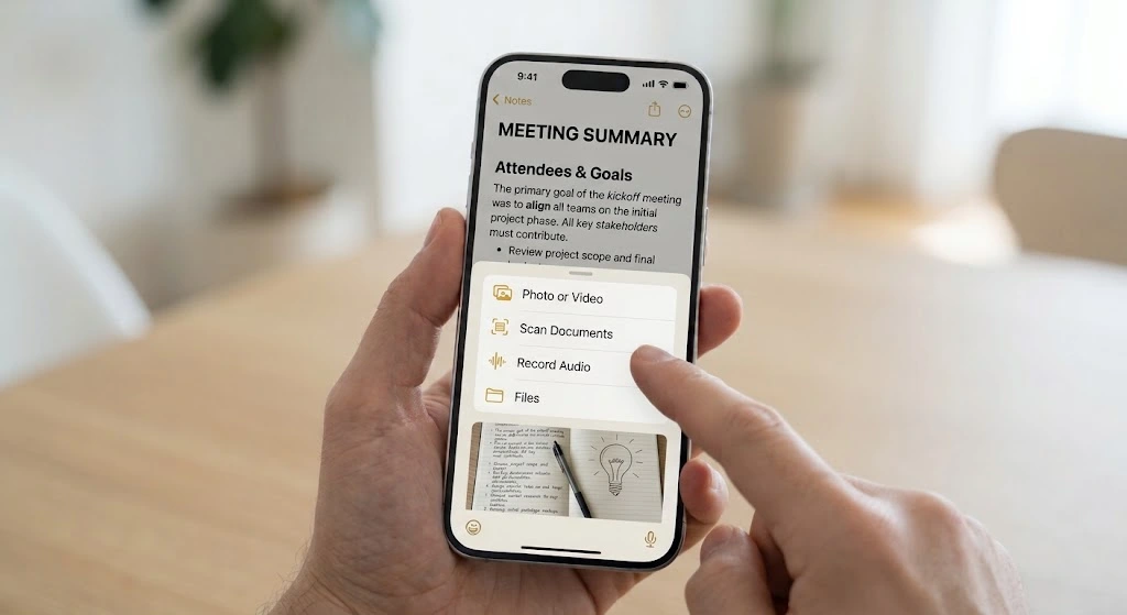 iPhone Notes App: How to Use, Sync & Recover Notes (2026) 9 Attachment menu in iPhone Notes with photo, scan, audio, and file options