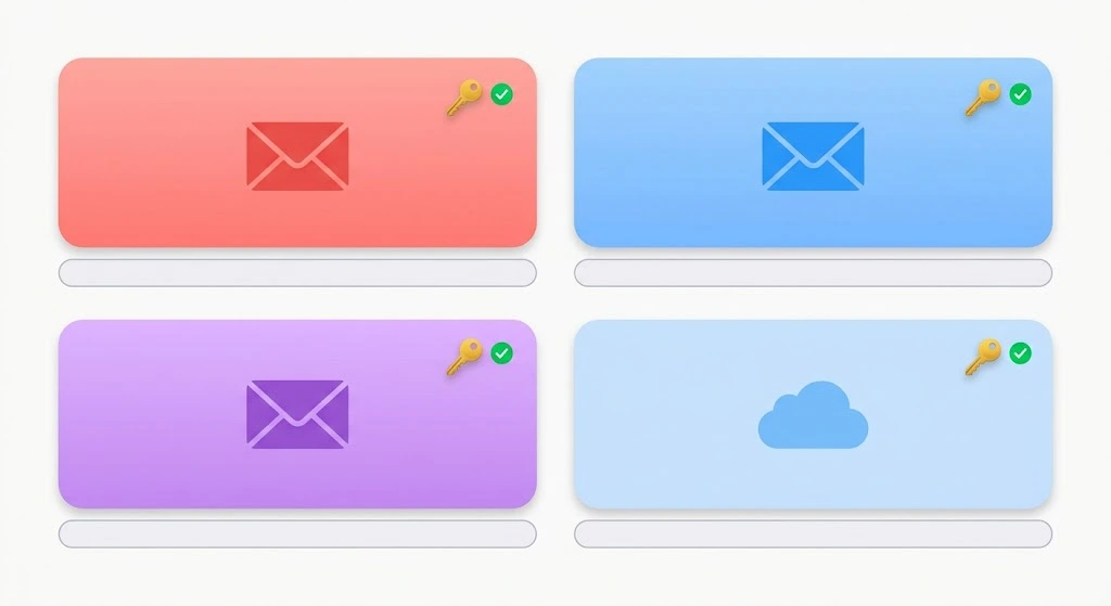 Four email providers with key icons: Gmail, Outlook, Yahoo, and iCloud