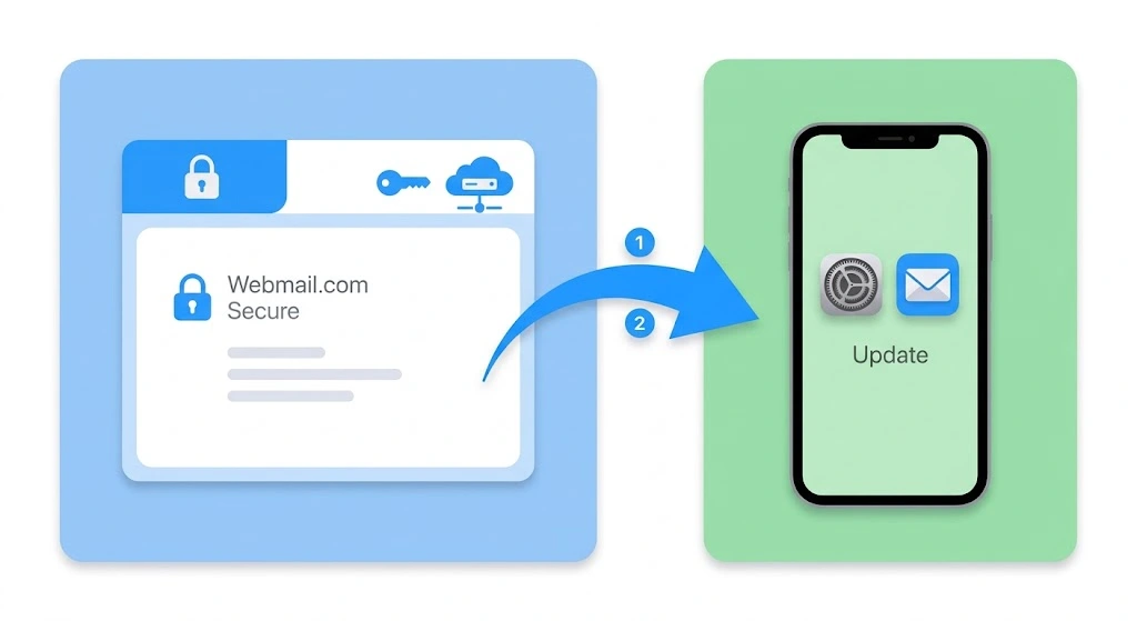 Diagram showing change the password at the provider, then update it on iPhone