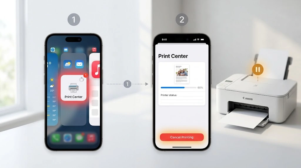 iPhone App Switcher showing Print Center with a print job progress bar and a red Cancel Printing button