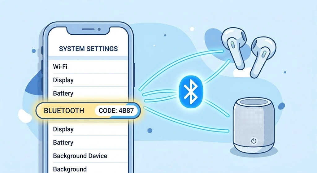 How to Find MAC Address on iPhone (Wi-Fi & Bluetooth, iOS 26) 13 iPhone Bluetooth address shown next to wireless earbuds and a speaker