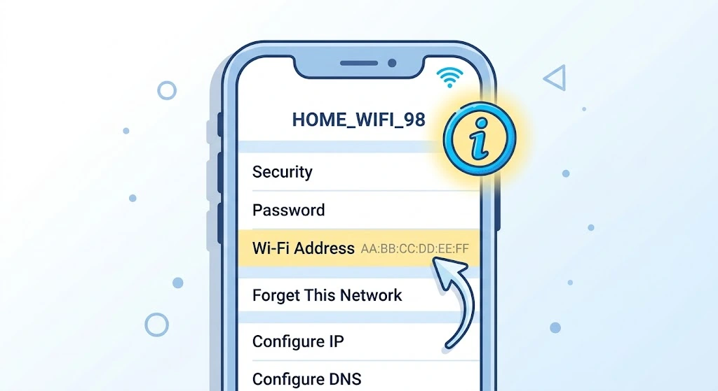 How to Find MAC Address on iPhone (Wi-Fi & Bluetooth, iOS 26) 12 iPhone Wi-Fi network details with the Wi-Fi Address row highlighted
