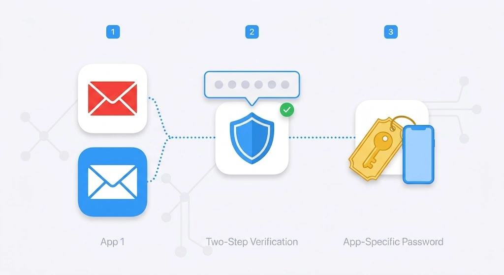 Gmail and Outlook app icons with a two-step code and an app-specific password key