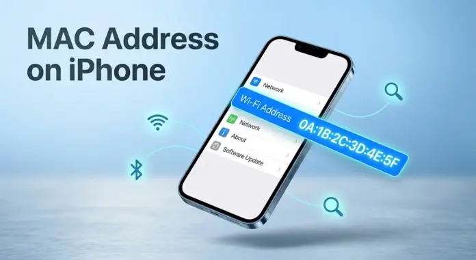 How to find MAC address on iPhone: phone screen with Wi-Fi address highlighted