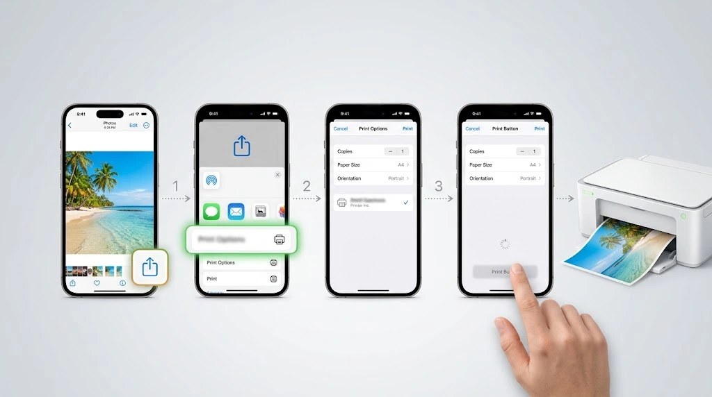 Four iPhones showing the AirPrint steps: open file, tap Share, choose Print, select printer and print