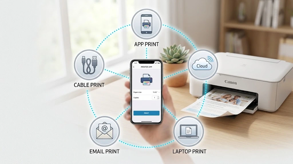 iPhone surrounded by five alternatives to AirPrint: printer app, cloud print, computer, email-to-print, and cable