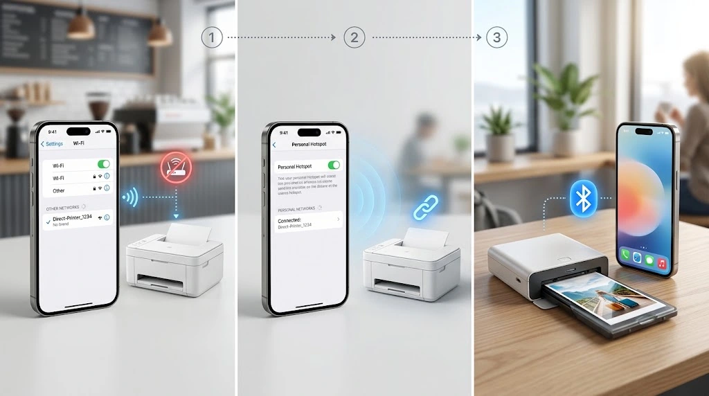 iPhone connecting to a printer without a Wi-Fi router using Wi-Fi Direct, Personal Hotspot, and Bluetooth