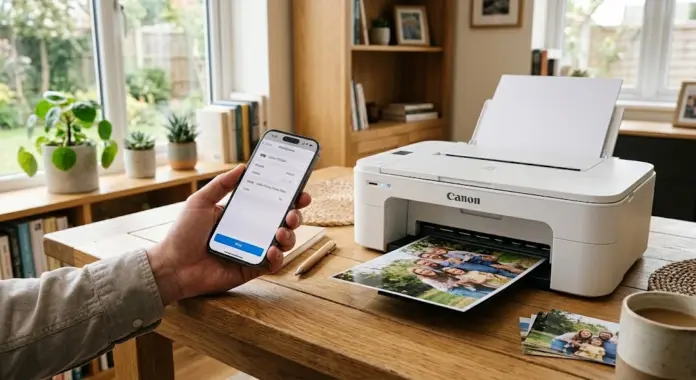 How to print from iPhone: iPhone showing the iOS Print screen next to a wireless home printer