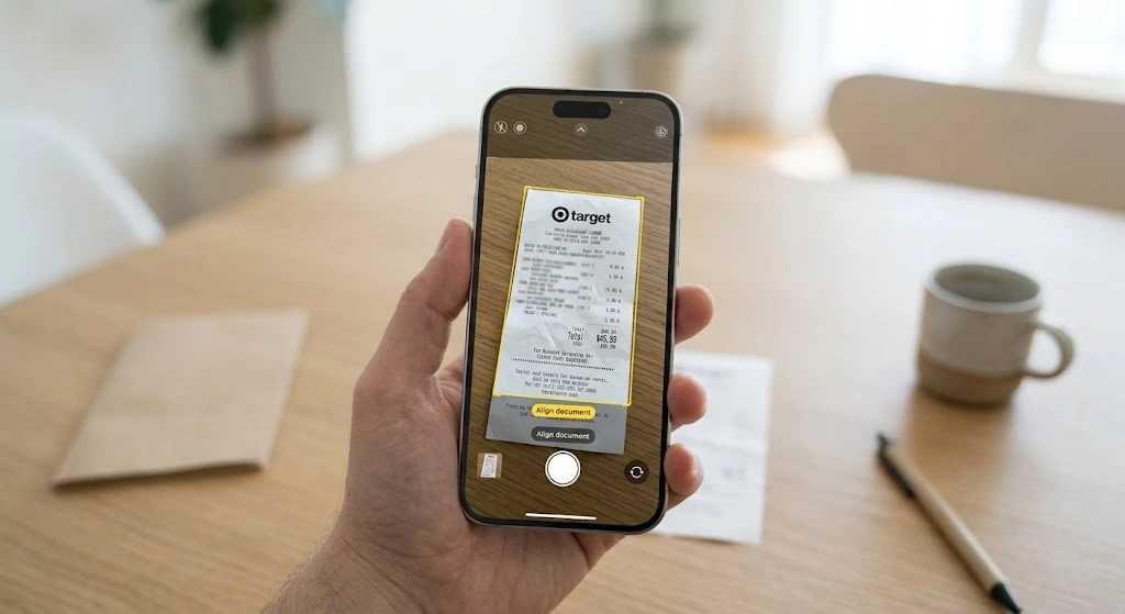 iPhone Notes App: How to Use, Sync & Recover Notes (2026) 10 iPhone camera scanning a paper document with yellow edge detection in Notes