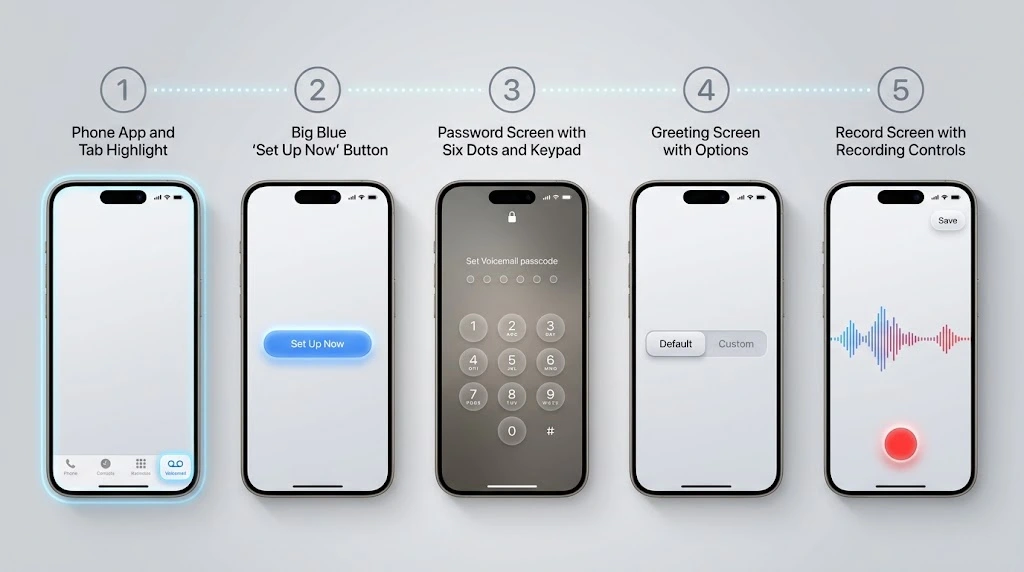 How to Set Up Voicemail on iPhone (iOS 26): 5 Easy Steps 7 How to set up voicemail on iPhone in 5 steps — Phone app, Set Up Now, password, greeting, and record screens on iOS 26