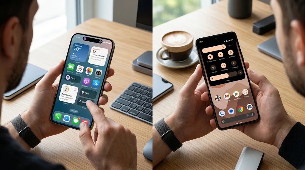 Comparison between customizable iOS 27 interface and Android 16 Material You with deep customization options