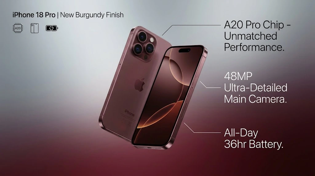  iPhone 18 Pro key features infographic showing A20 Pro chip and camera specs