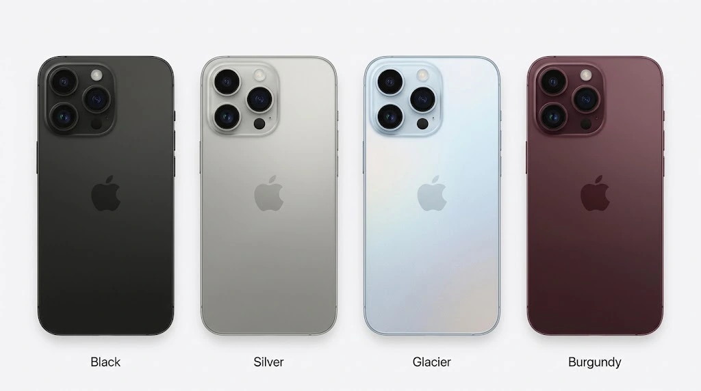 All four iPhone 18 Pro colors displayed: black, silver, glacier, and burgundy