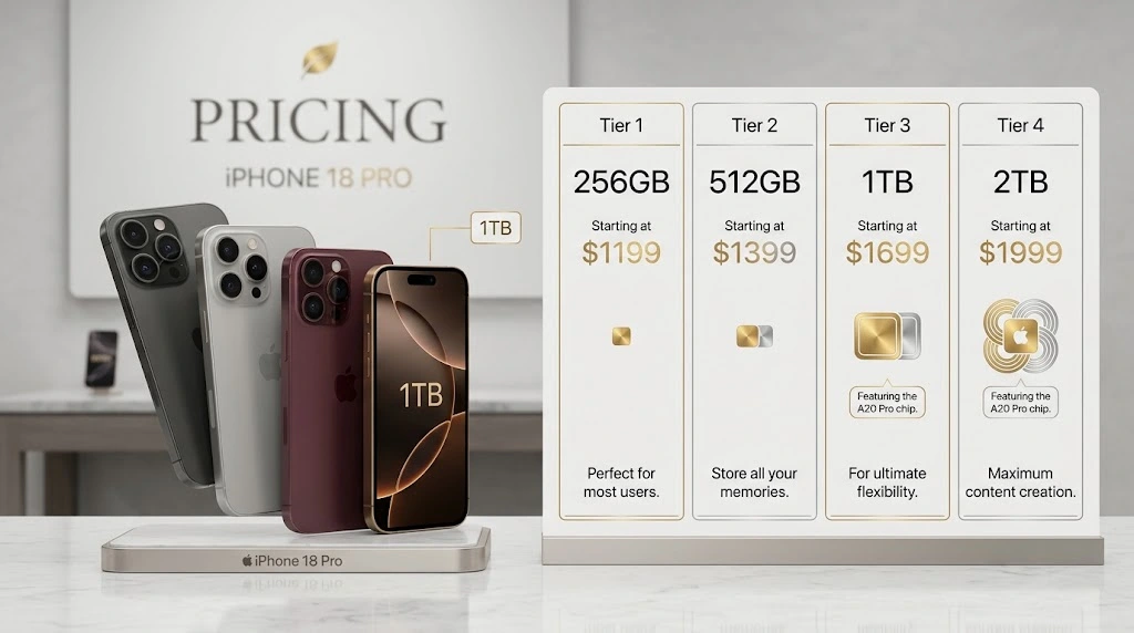 iPhone 18 Pro price comparison chart showing storage options from 256GB to 2TB
