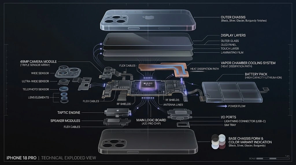 iPhone 18 Pro internal components exploded view showing A20 Pro chip and cooling system