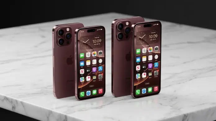 iPhone 18 Pro and Pro Max in burgundy color side by side showing iOS 27 interface
