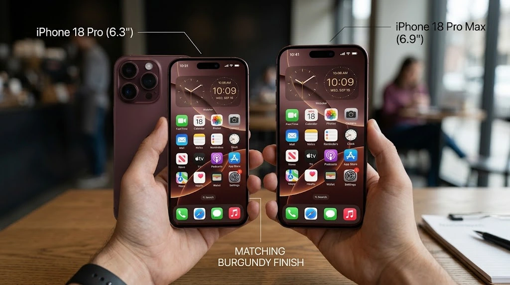 Size comparison between iPhone 18 Pro and iPhone 18 Pro Max held in hands