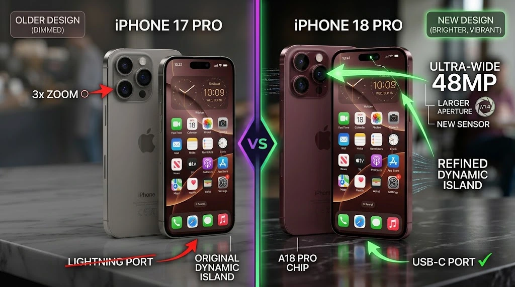 Comparison between iPhone 17 Pro and iPhone 18 Pro highlighting key differences