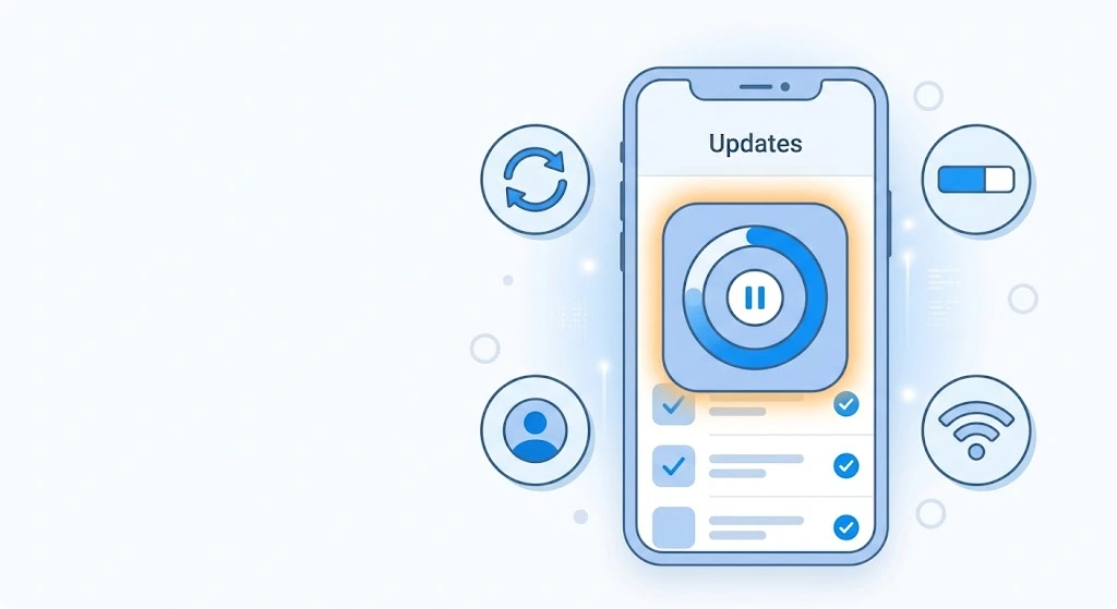 How to Update iPhone Apps (Manual, Automatic & Fixes for iOS 26) 14 iPhone app update stuck on waiting with troubleshooting icons for storage, Wi-Fi, and restart