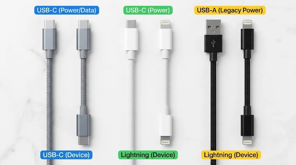 iPhone Charger Types: Which One Fits Your iPhone? (2026) 13 Three types of iPhone charging cables: USB-C to USB-C, USB-C to Lightning, and USB-A to Lightning