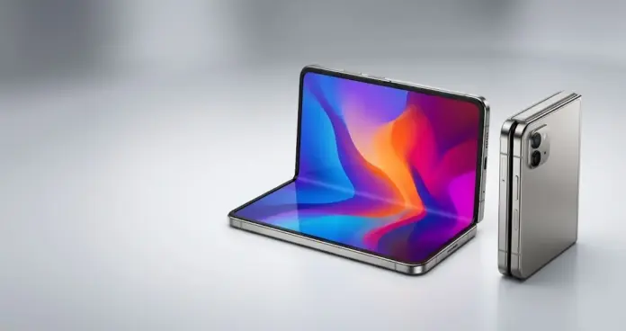 iPhone Duo foldable phone shown open and closed on a light background