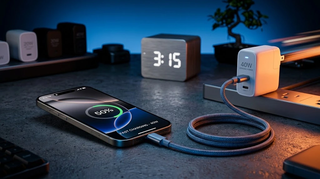 iPhone Charger Types: Which One Fits Your iPhone? (2026) 15 iPhone fast charging demonstration showing 50% battery level with 40W power adapter