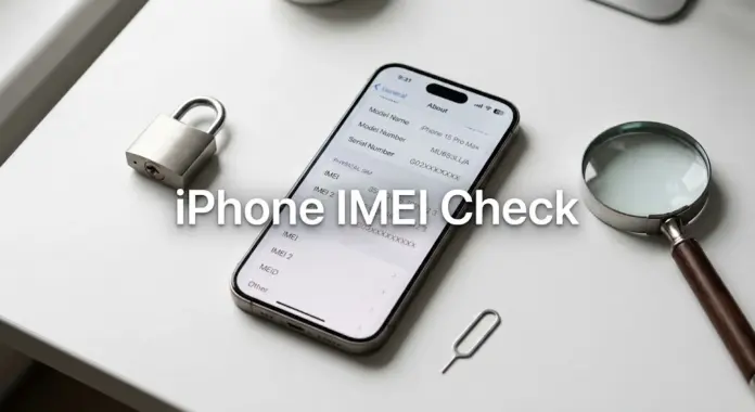 iPhone IMEI check tutorial showing IMEI number in iOS Settings with security verification tools