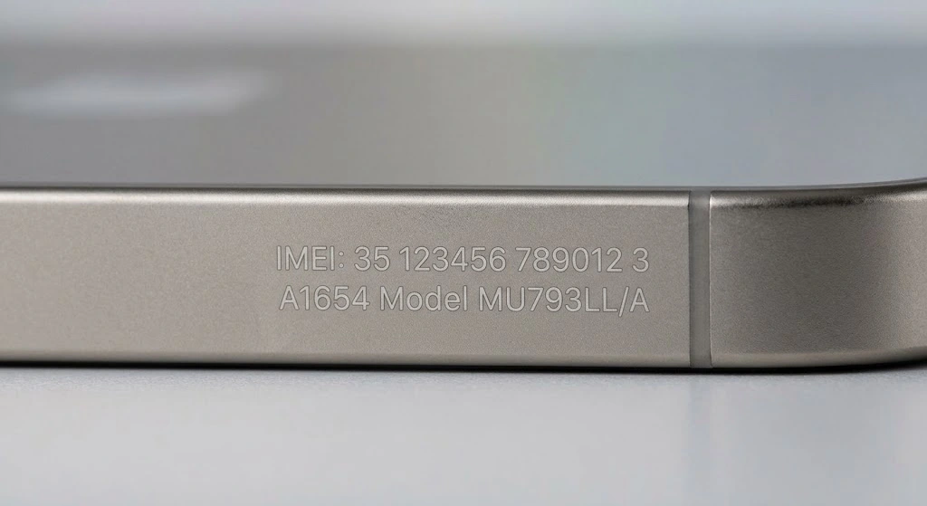 Close-up of iPhone back panel showing engraved IMEI number and serial number location