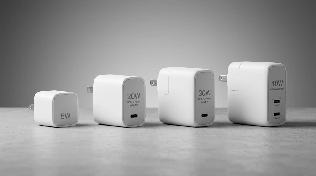 iPhone Charger Types: Which One Fits Your iPhone? (2026) 14 Apple iPhone power adapters comparison showing 5W, 20W, 30W, and 40W wattage options