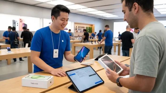 Hand holding iPhone 16 Pro Max for trade-in at Apple Store with digital credit card exchange
