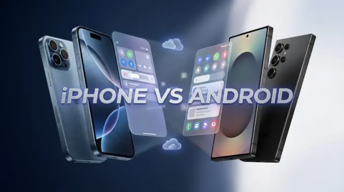 Visual comparison between iPhone 17 Pro Max running iOS and Samsung Galaxy S25 Ultra running Android on professional studio background