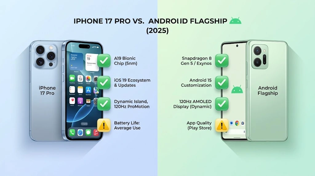 Pros and cons list for iPhone and Android in simple balanced design