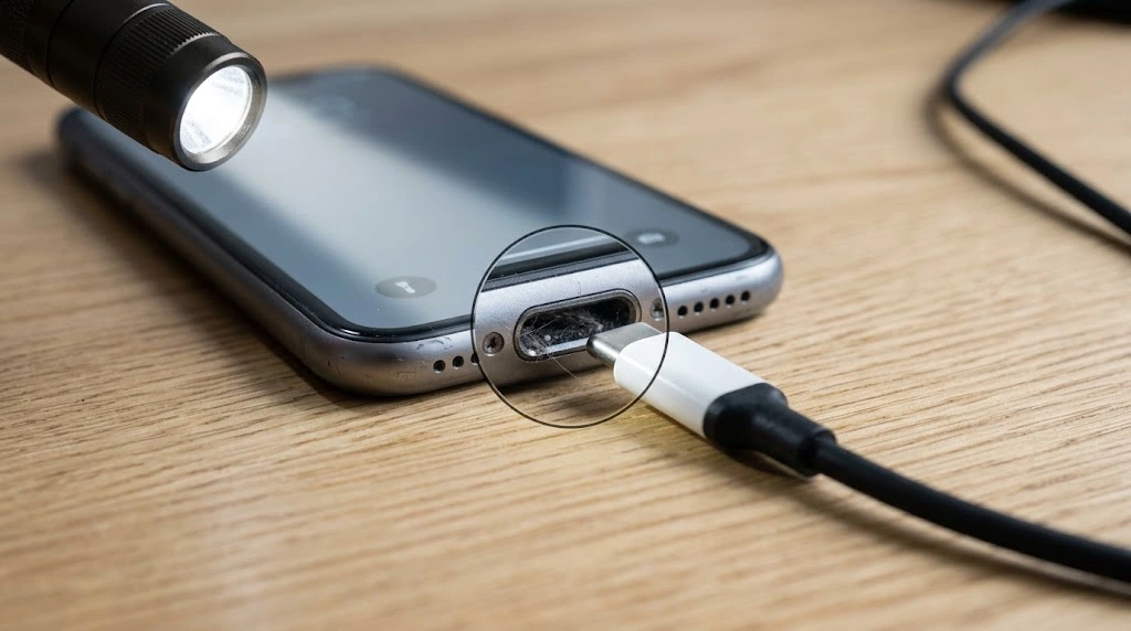 iPhone charging port dirty with lint and loose charging cable