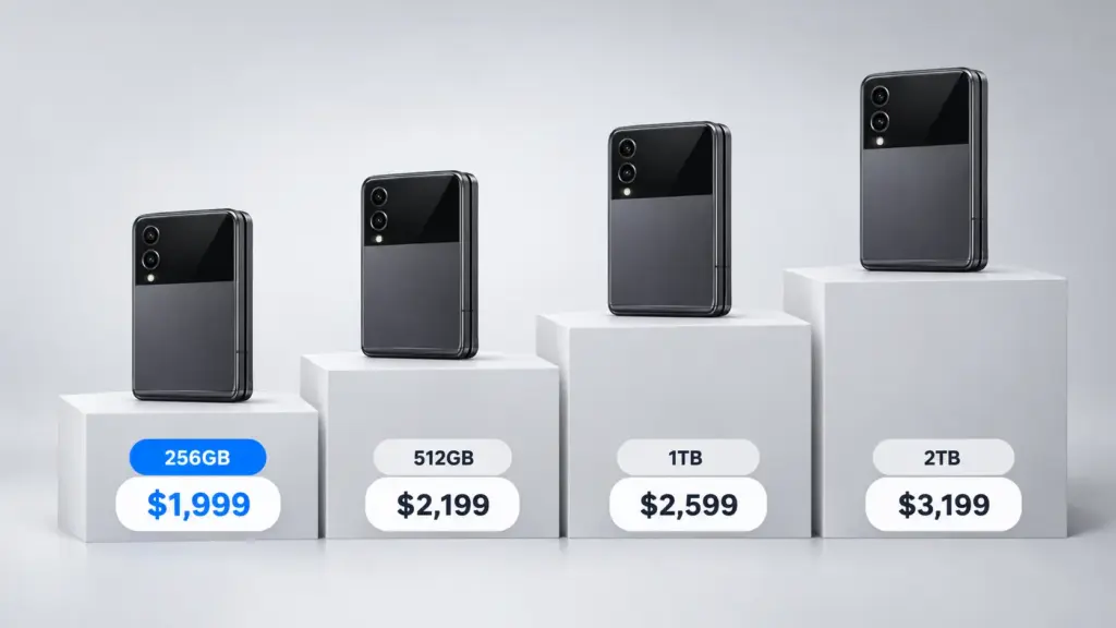Four iPhone Duo phones on rising steps with prices from $1,999 to $3,199