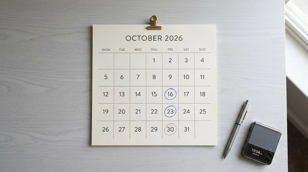 October 2026 calendar with iPhone Duo pre-order and launch dates marked