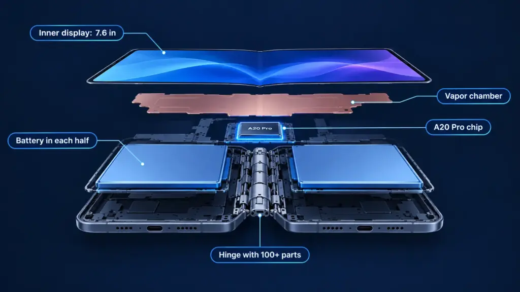 Illustration of iPhone Duo parts: displays, dual batteries, A20 Pro chip, vapor chamber, and hinge