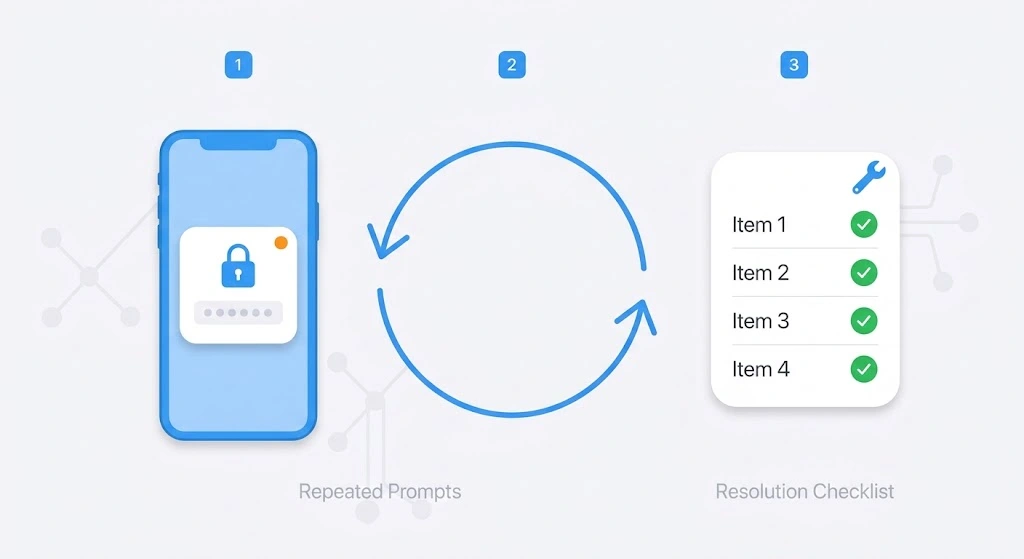 iPhone Mail password pop-up repeating, next to a checklist of fixes