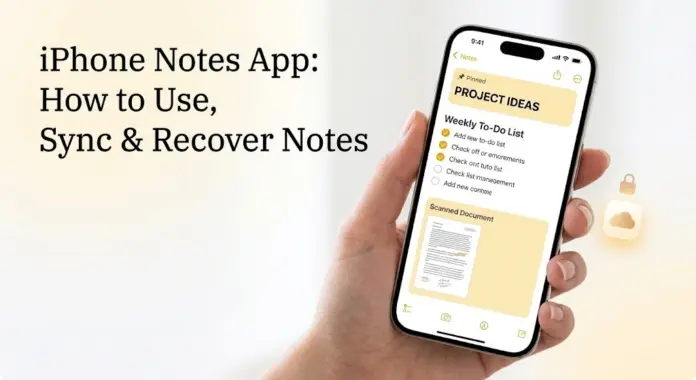 iPhone showing the Notes app with a checklist, scanned document, and iCloud sync icons