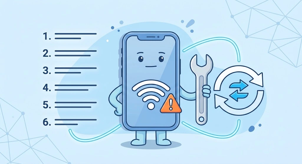 How to Find MAC Address on iPhone (Wi-Fi & Bluetooth, iOS 26) 17 iPhone with a Wi-Fi warning icon and a checklist of troubleshooting steps