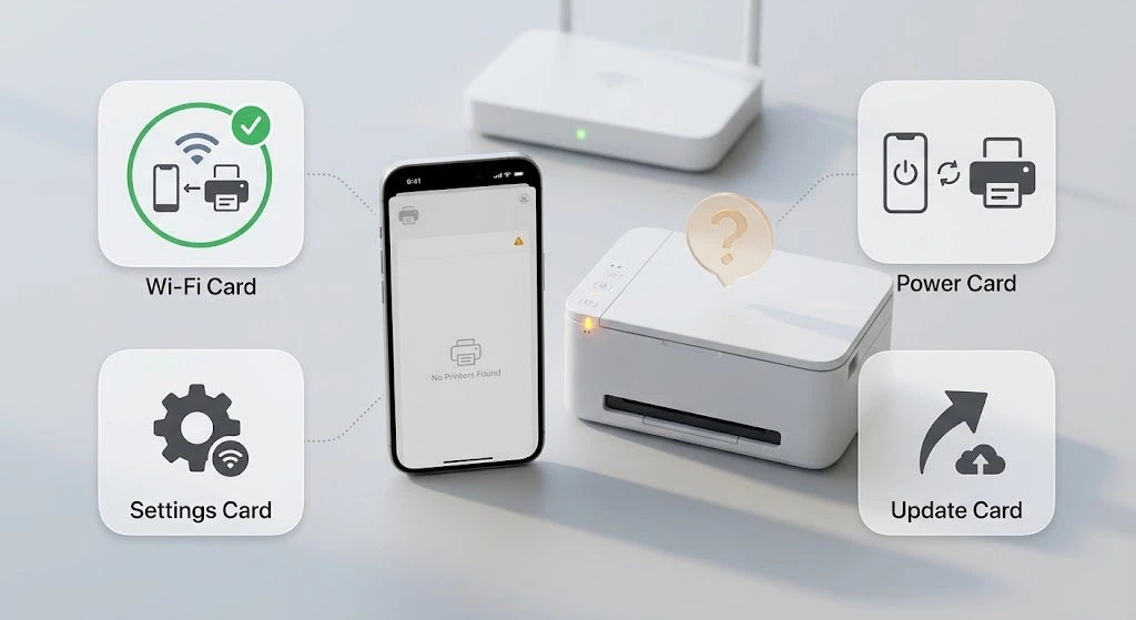 iPhone showing no printer found with four troubleshooting fixes: same Wi-Fi, restart, update, and reconnect