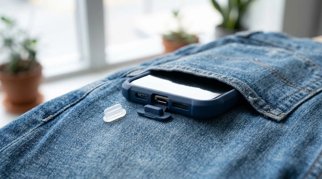 keep iPhone charging port clean with a dust plug and port-up pocket carry