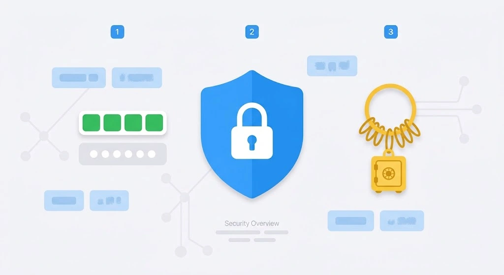 Strong email password concept with padlock, shield, and strength meter