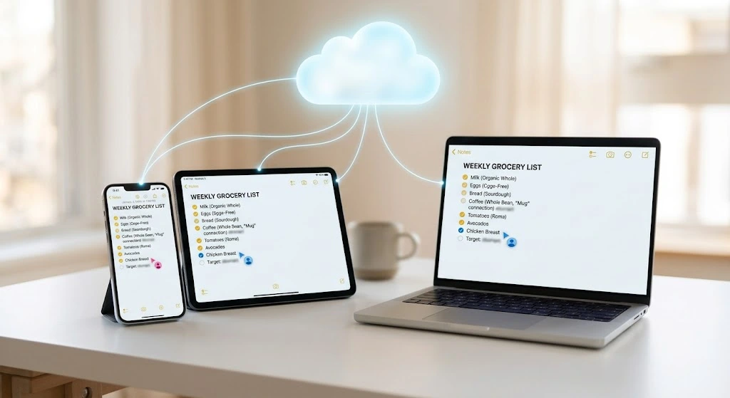 iPhone Notes App: How to Use, Sync & Recover Notes (2026) 12 Laptop browser showing iCloud Notes next to an iPhone with the same note