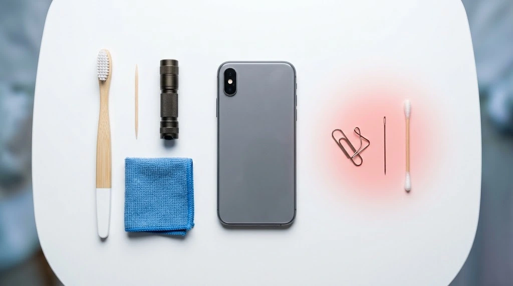 safe tools to clean iPhone charging port soft brush toothpick flashlight