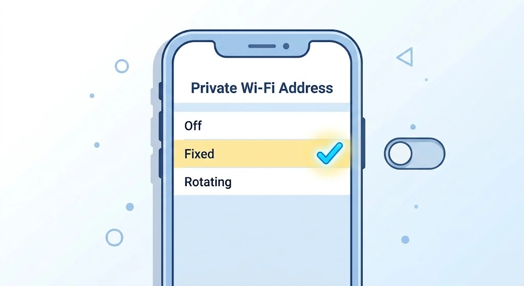 How to Find MAC Address on iPhone (Wi-Fi & Bluetooth, iOS 26) 15 Private Wi-Fi Address menu on iPhone with Off, Fixed, and Rotating options