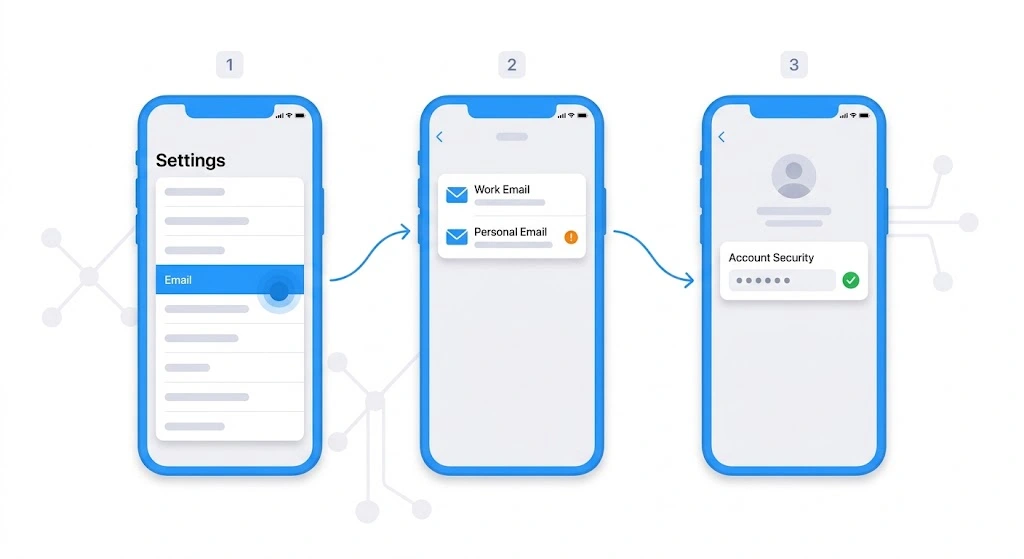 Three iPhone screens showing Settings, Mail Accounts, and the new password field
