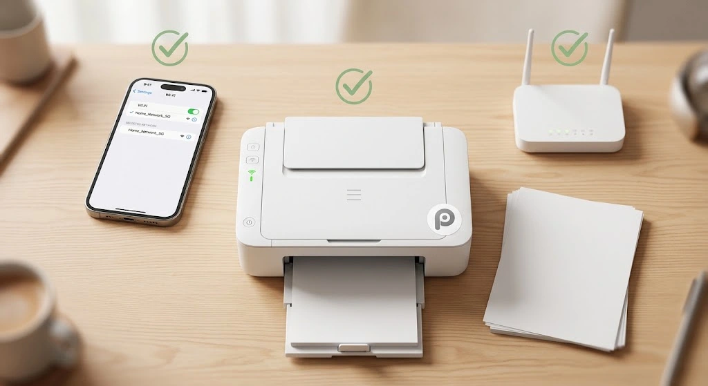 iPhone on Wi-Fi settings next to an AirPrint-compatible wireless printer loaded with paper